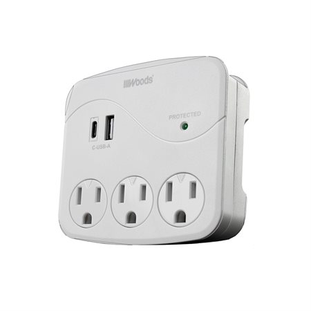 Prise murale de surtension à 3 sorties / ports USB A et C